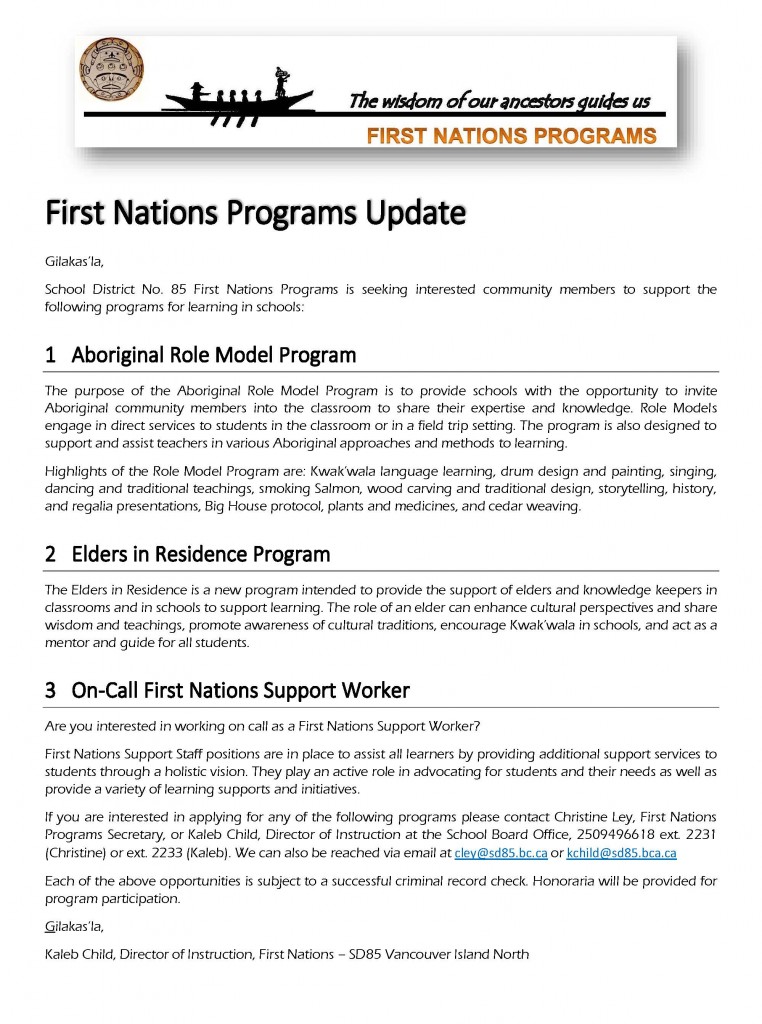 First Nations Programs Newsletter Oct 26 2015